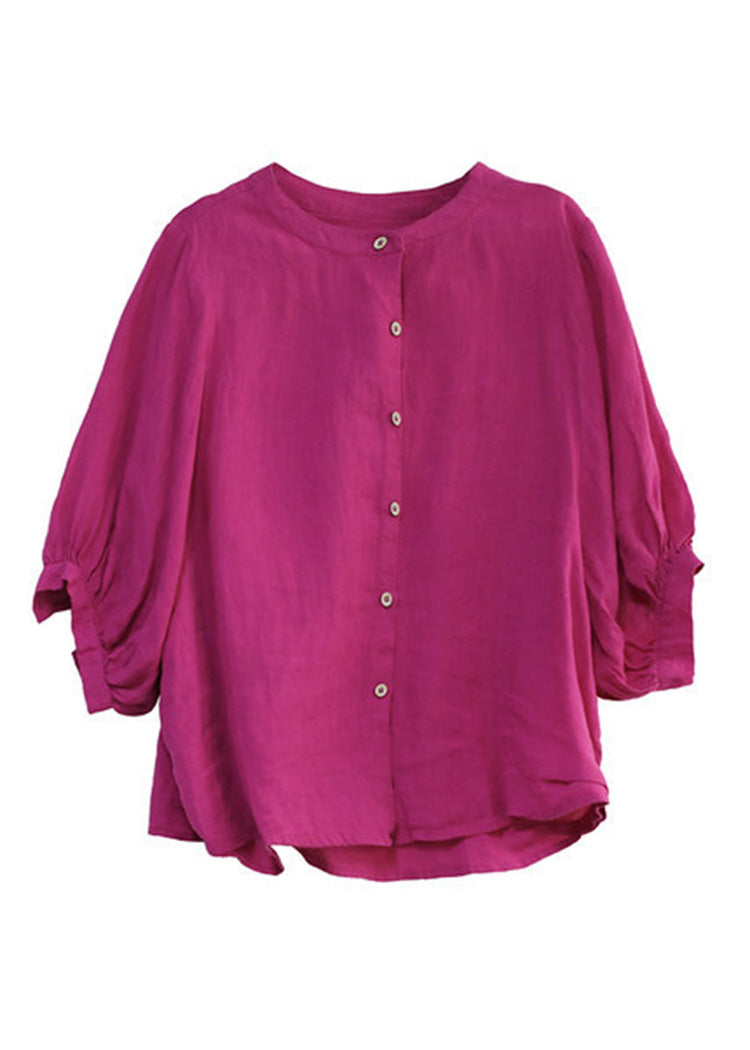 Rose O-neck Button Low High Design Linen Shirt Half Sleeve