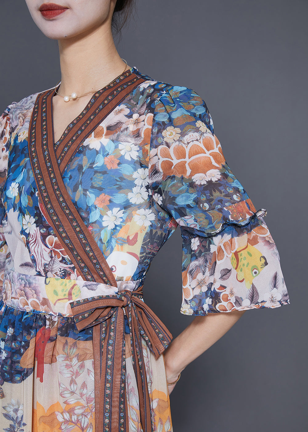 V Neck Print Tie Waist Chiffon Dress Summer