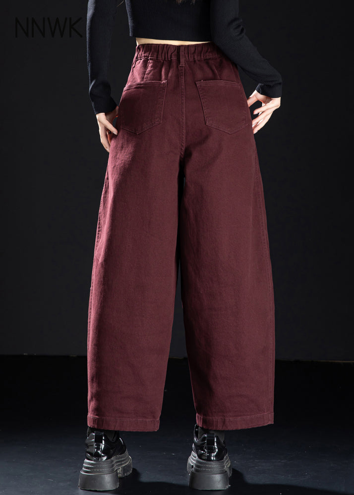 Wine Red Pockets Elastic Waist Denim Crop Pants Spring