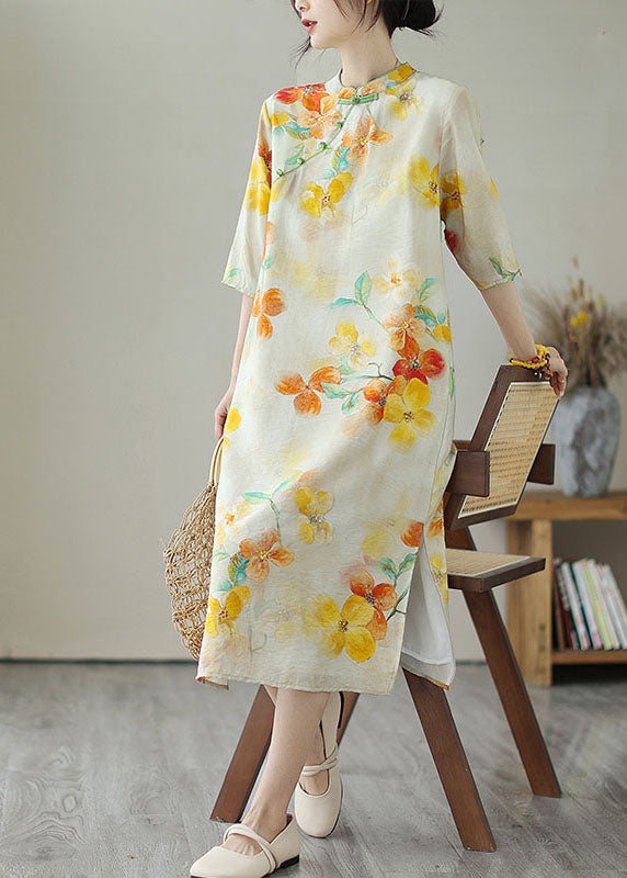 Yellow Stand Collar Print Button Patchwork Linen Dress Summer