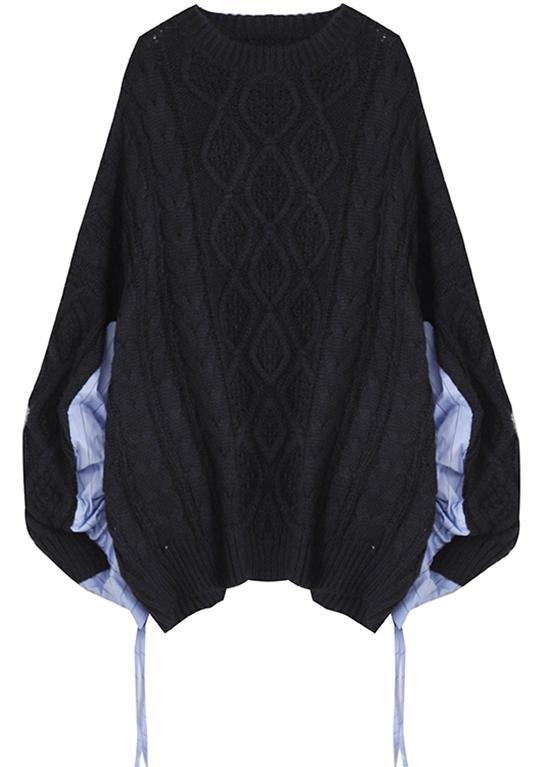 Black Crane Tops O Neck Patchwork Oversized Sweaters