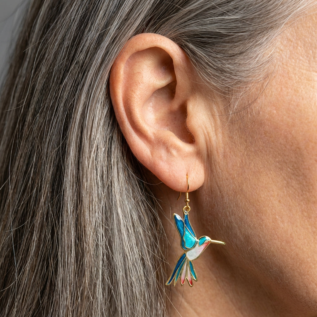 A Blue Enamel Hummingbird Earring Set