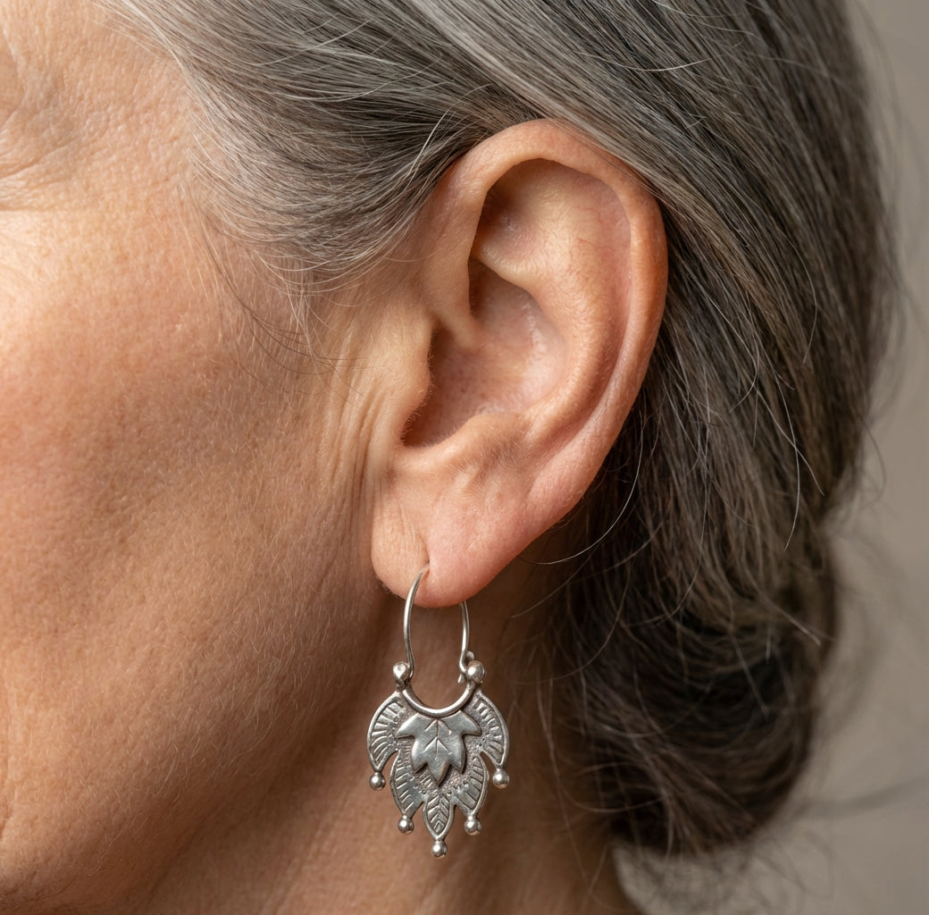 Carving Leaf Silver Earrings