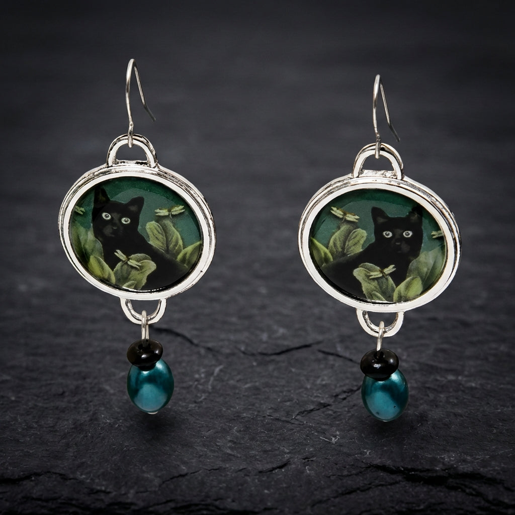Vintage Round Black Cat Earrings