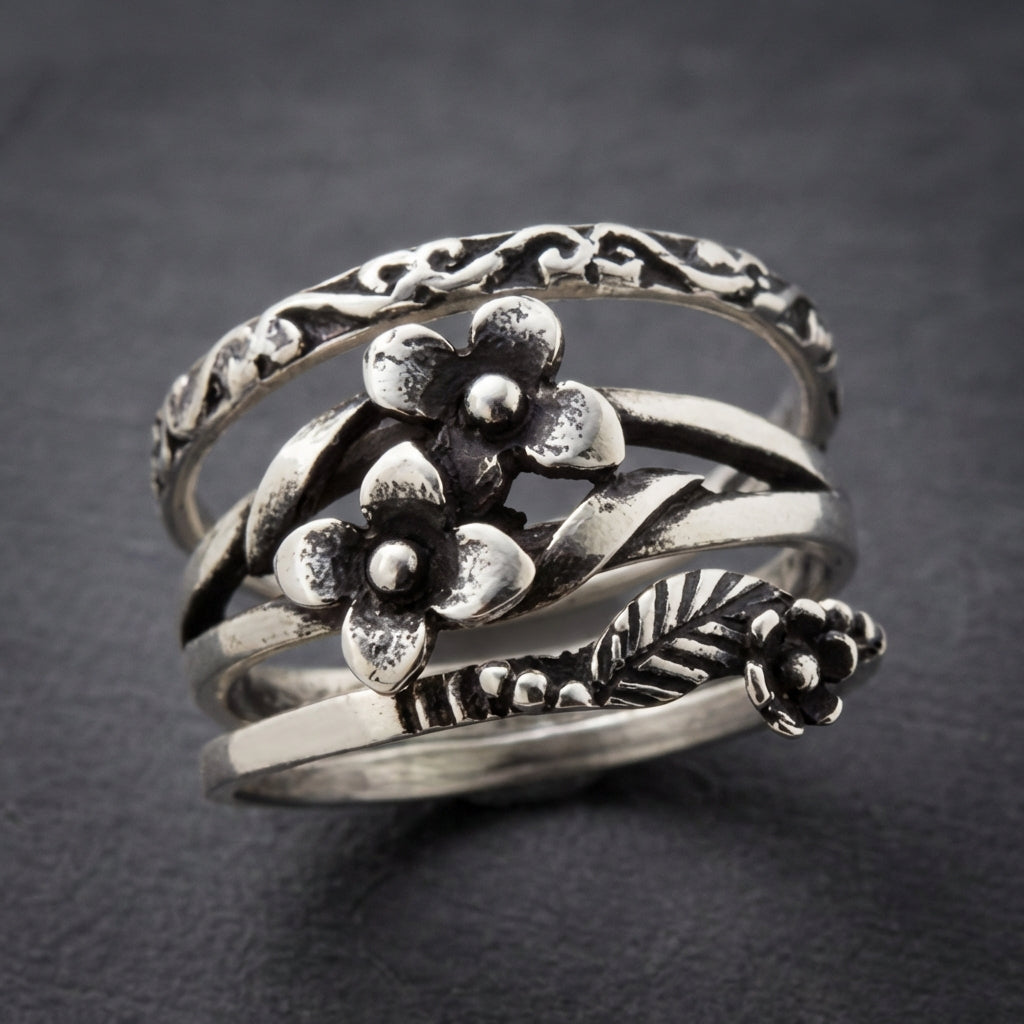 Vintage Silver Flower Layered Ring