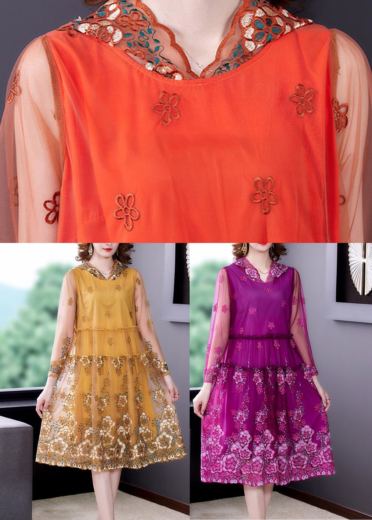 Vogue Orange Embroidered Tulle Hooded Long Dresses Spring