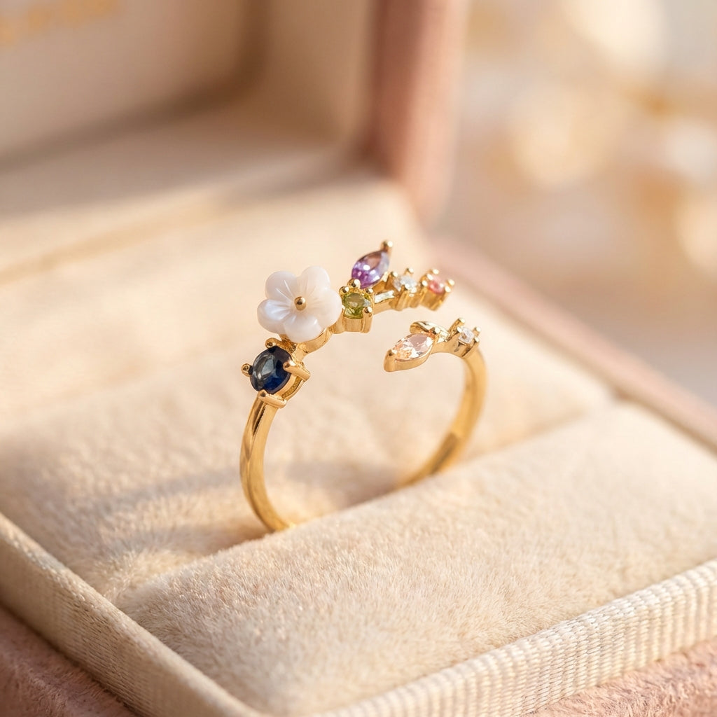 Wildflower With Colorful Zirconia Adjustable Ring In Gold
