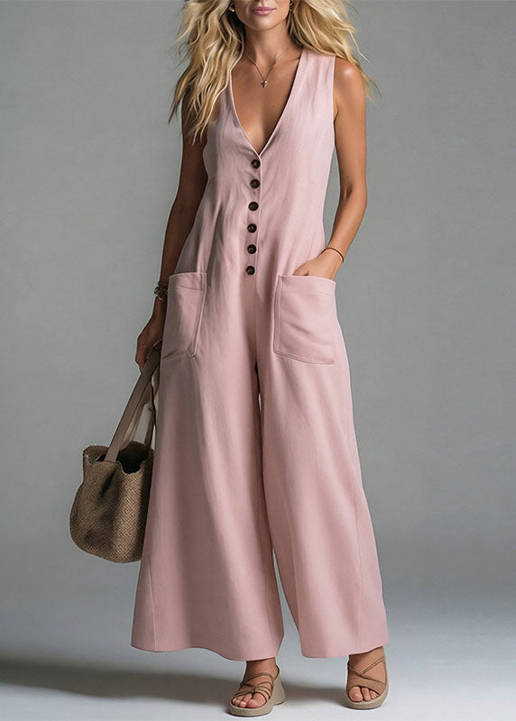 Apricot V Neck Pockets Cotton Jumpsuits Summer