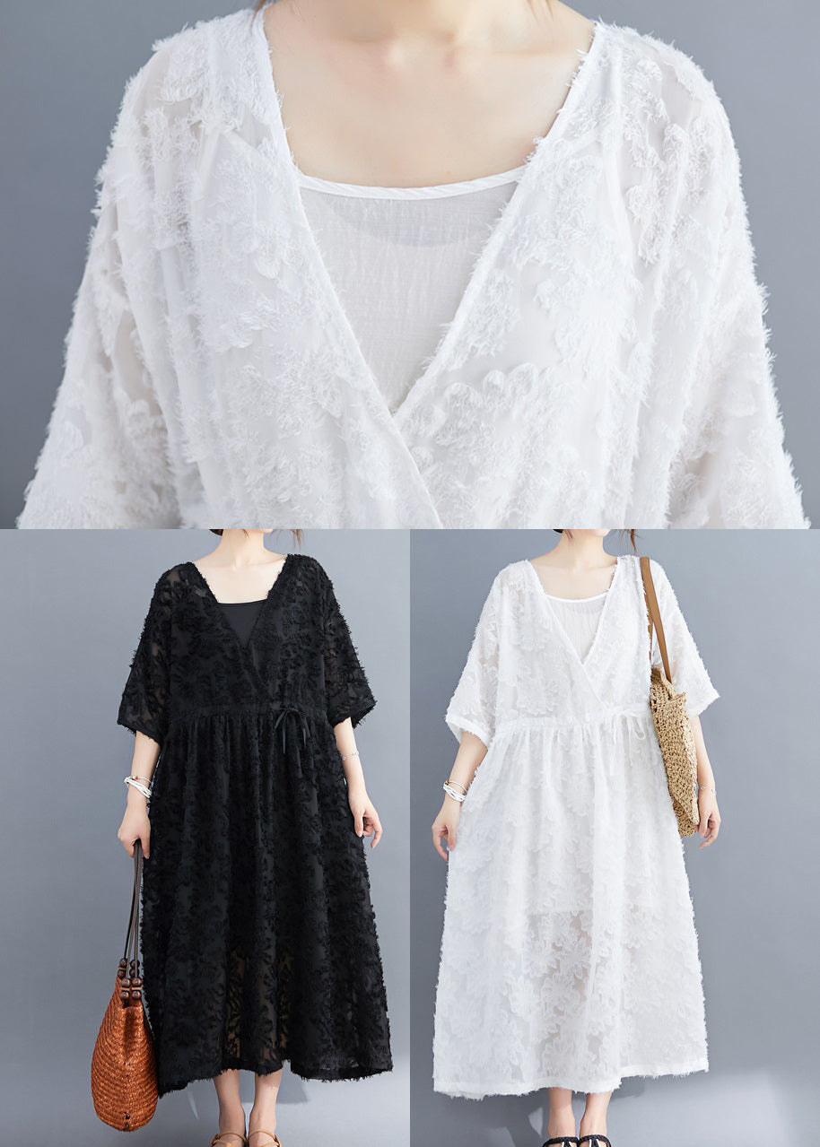 Black V Neck Embroideried Dress Two Pieces Set Half Sleeve