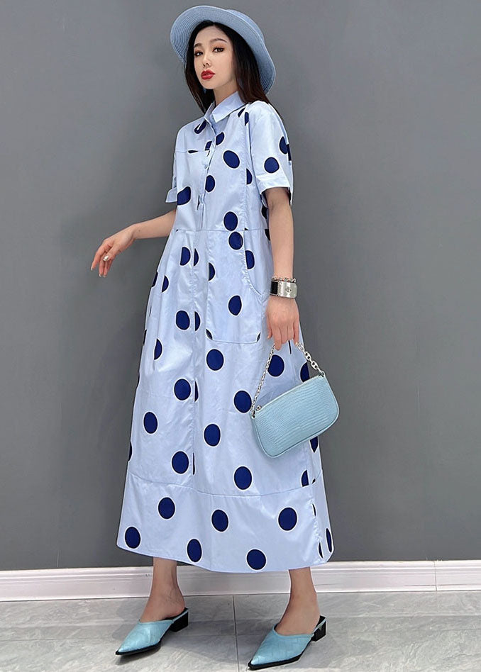 Blue Peter Pan Collar Dot Print Pockets Shirt Dresses Short Sleeve