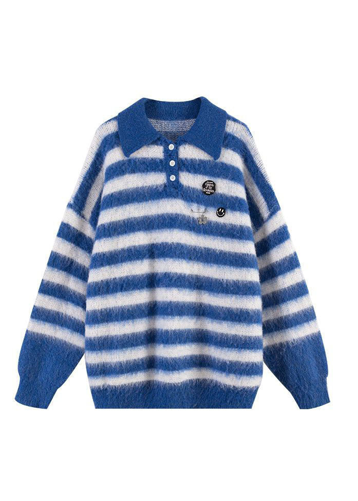 Blue Peter Pan Collar Striped Knit Sweater Winter