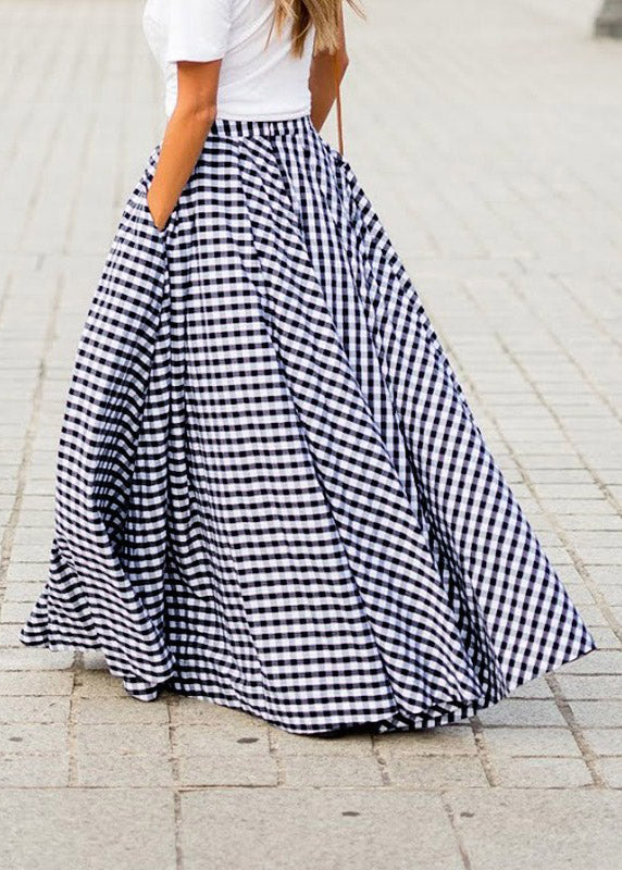 Blue Plaid Draping High Waist Maxi Skirt Summer