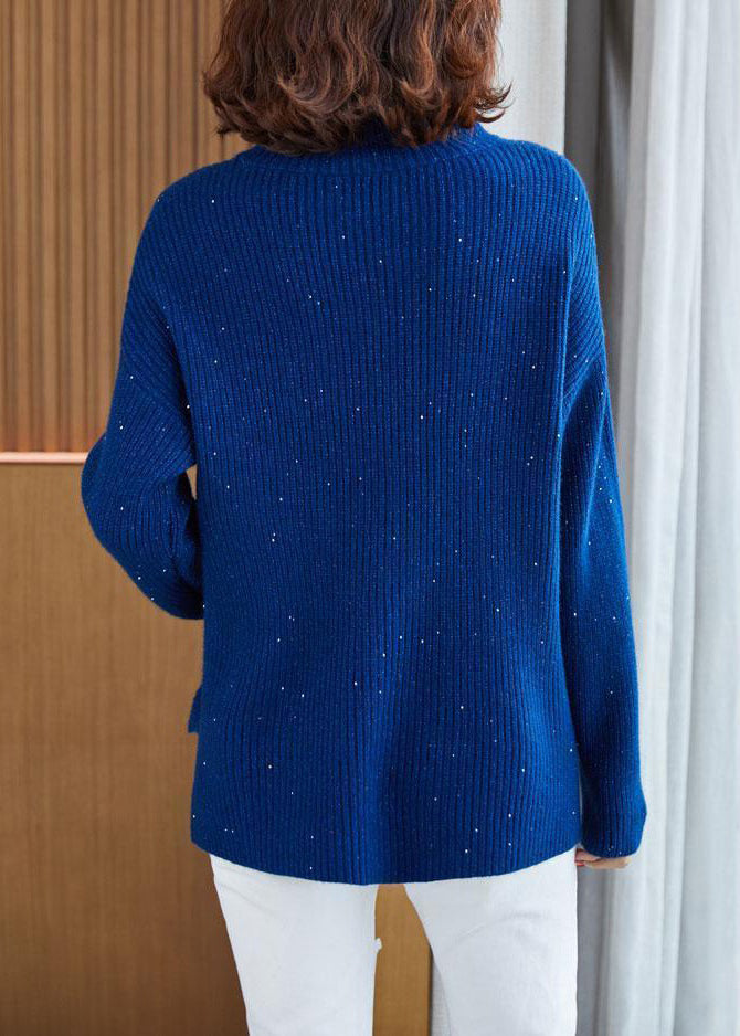 Blue Turtleneck Side Open Cotton Knit Sweaters Long Sleeve