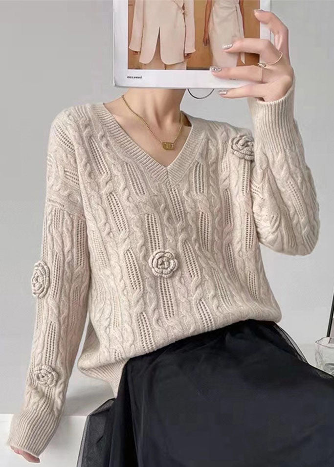 Blue V Neck Oversized Cable Knit Sweater Winter