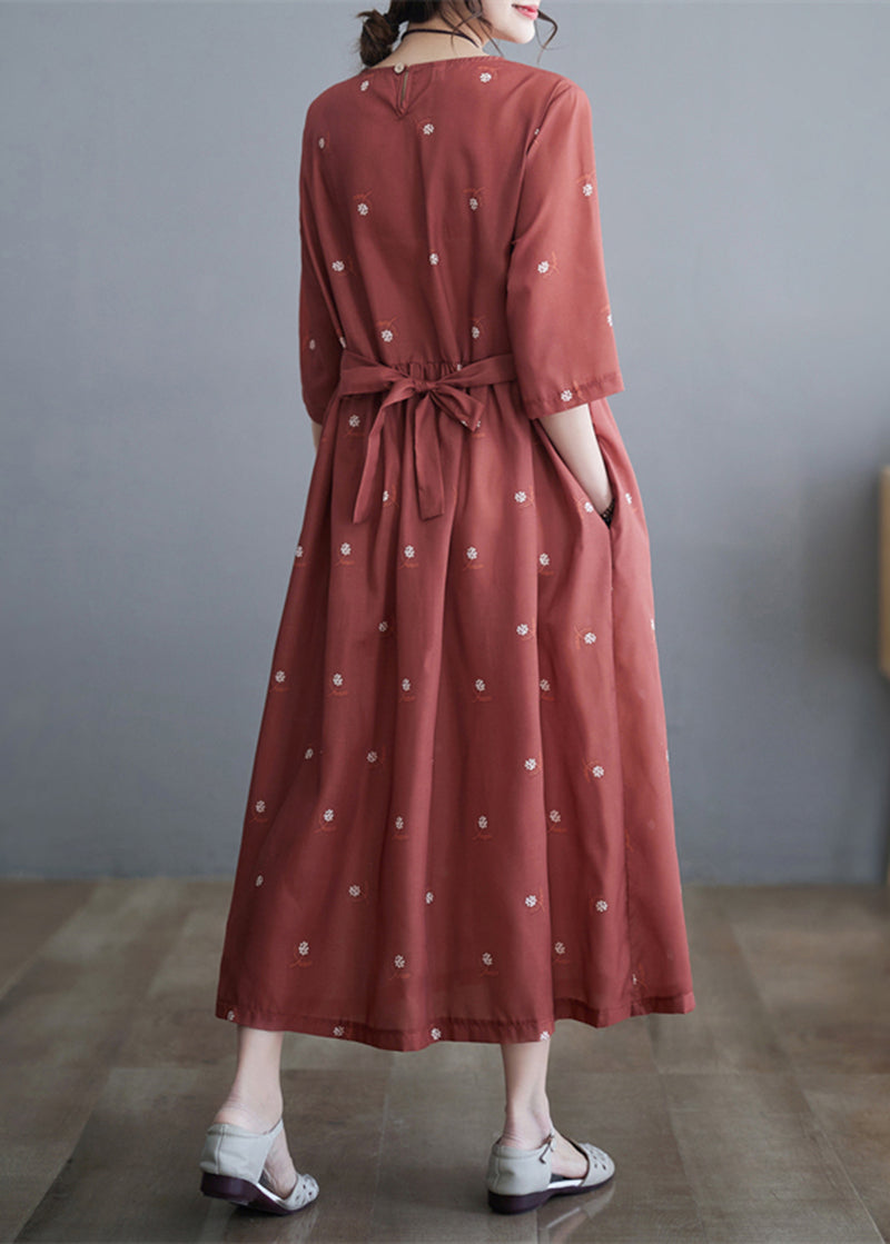 Brick Red Cinched Print Linen Dress Half Sleeve