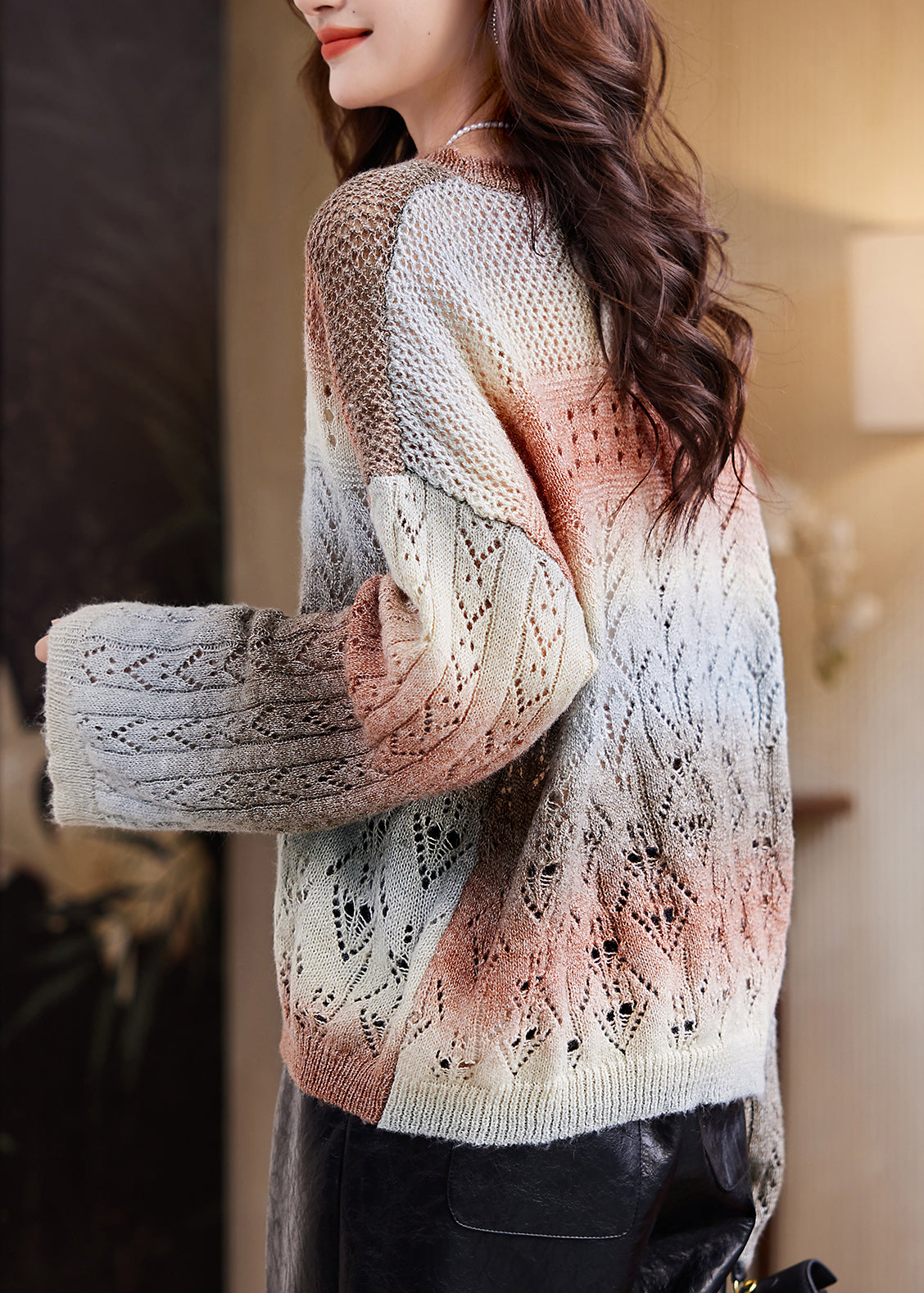 Coffee O-neck Print Cotton Knit Sweater Spring