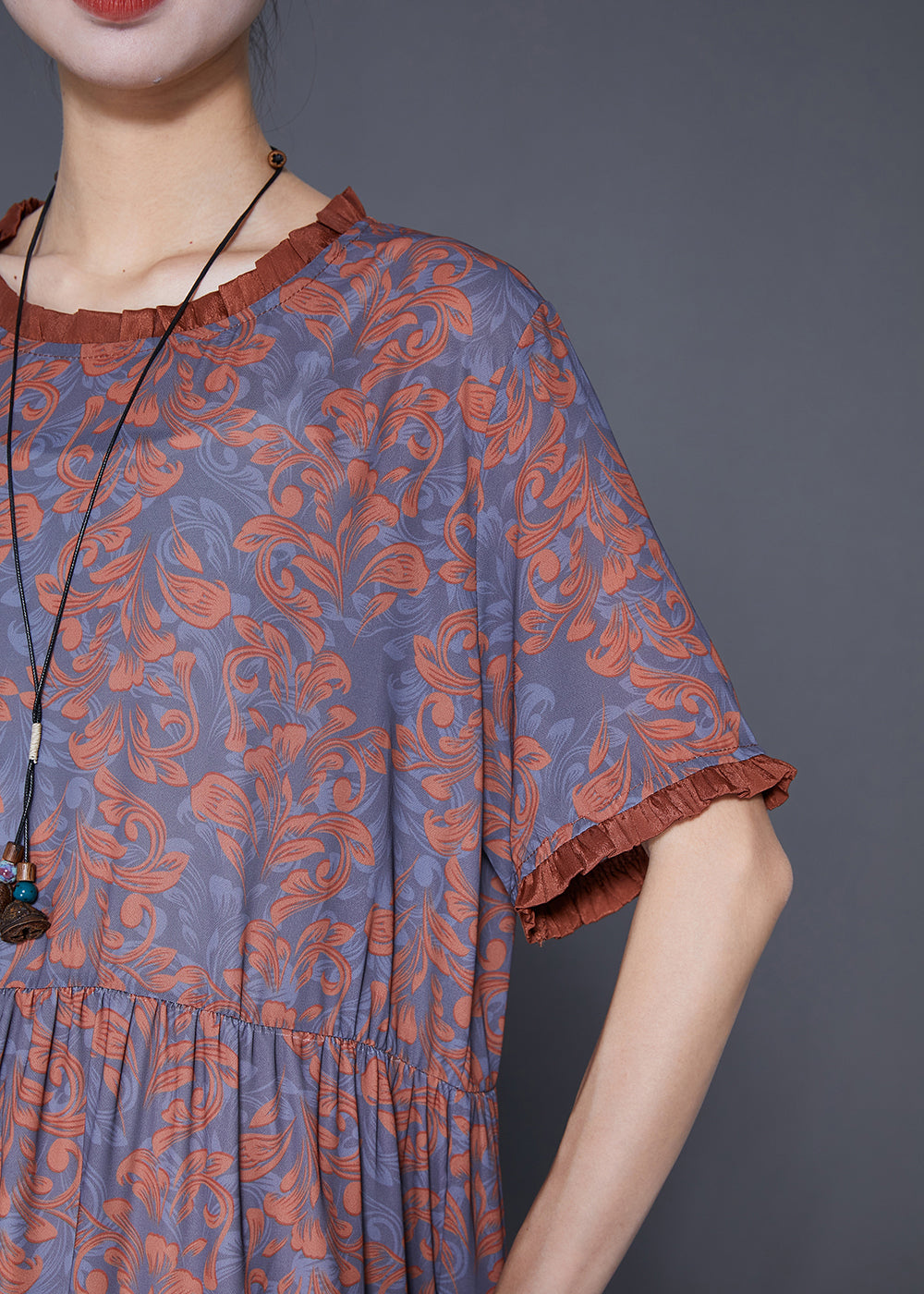 Coffee Ruffled Patchwork Print Silk Long Dresses Summer