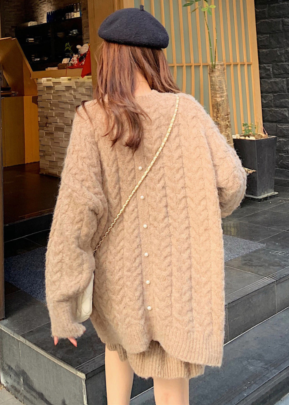 Dull Purple Thick Cable Knit Sweater and Skirt Two Pieces Set Spring