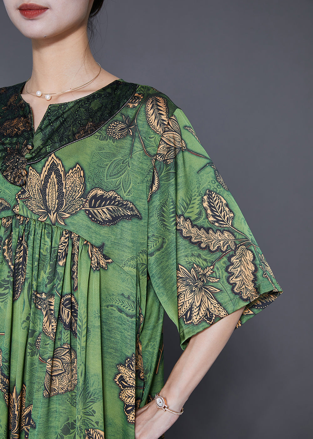 Green Oversized Print Exra Large Hem Silk Ankle Dress Summer