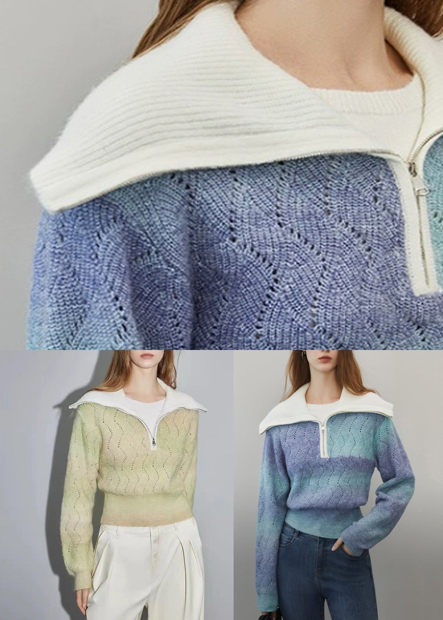Green Zip Up Hollow Out Wool Knit Sweater Spring