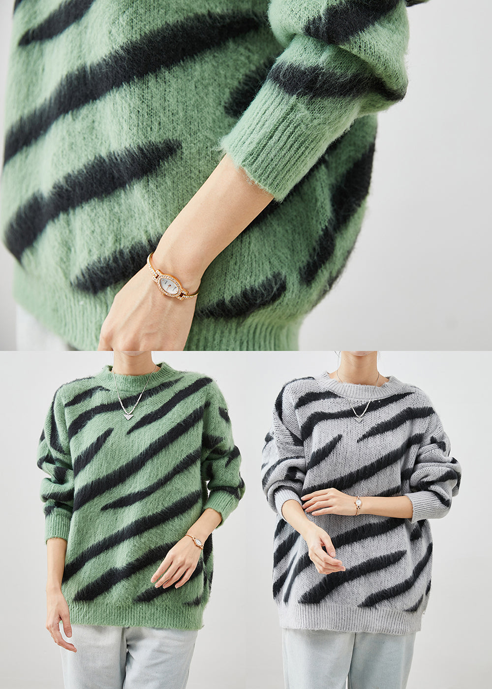 Grey Oversized Zebra Pattern Print Knit Short Sweater Fall