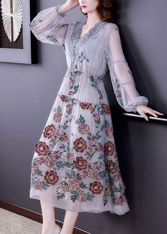 Grey V Neck Patchwork Embroideried Silk Cinched Dress Lantern Sleeve