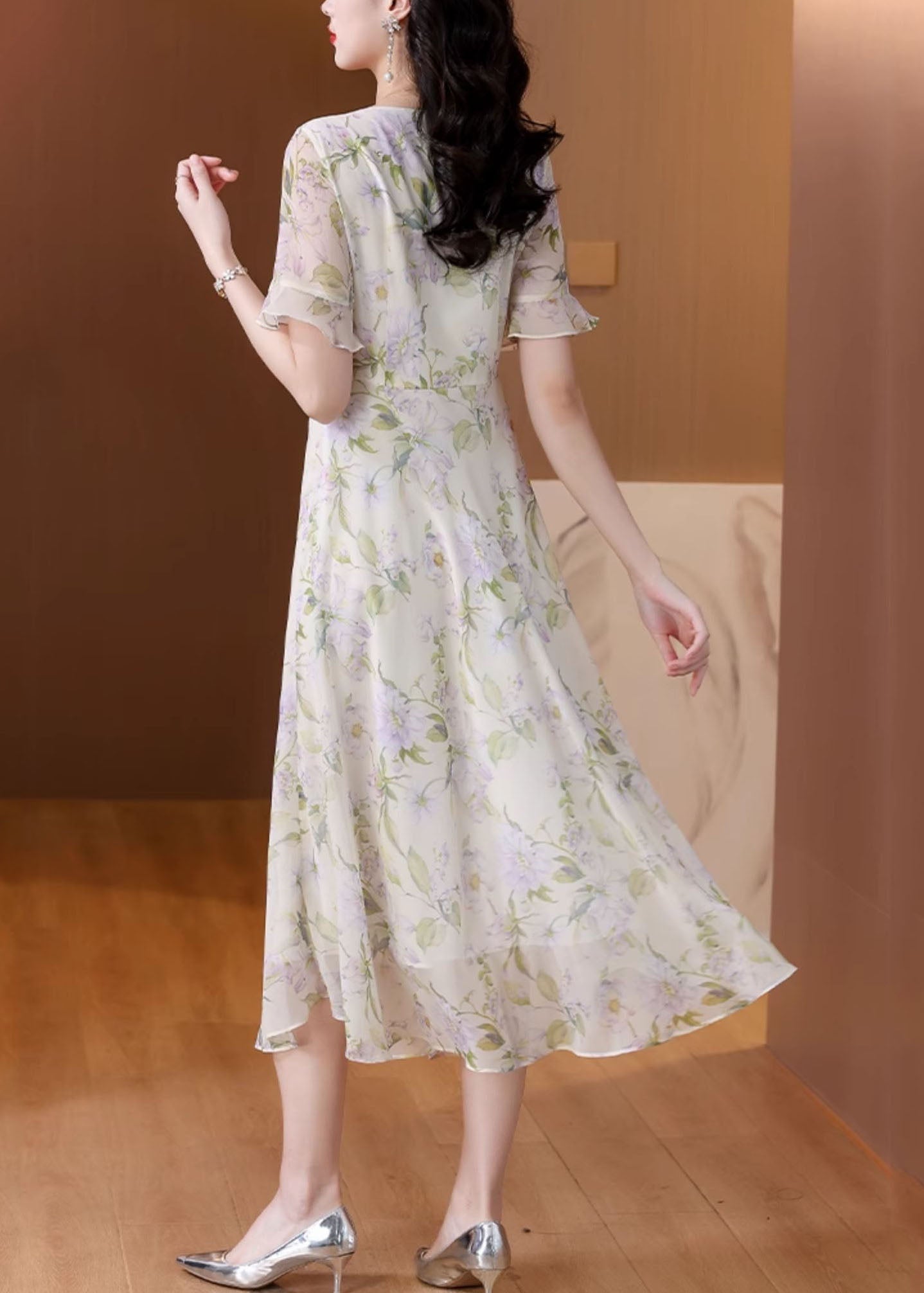 O Neck Print Chiffon Long Dress Summer