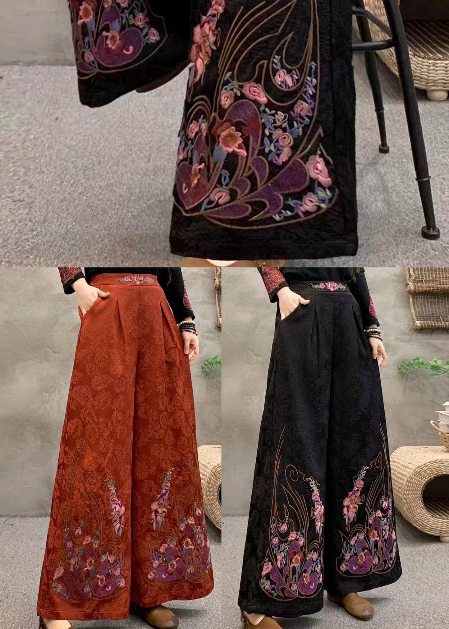 Orange Embroidered Pockets Warm Fleece Pants Trousers Winter