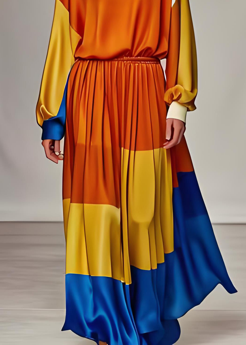 Orange O Neck Silk Two Pieces Set Long Sleeve