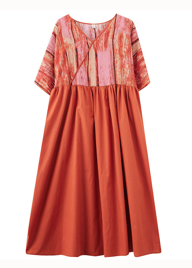 Orange V Neck Print Patchwork Cotton Loose Dresses Summer