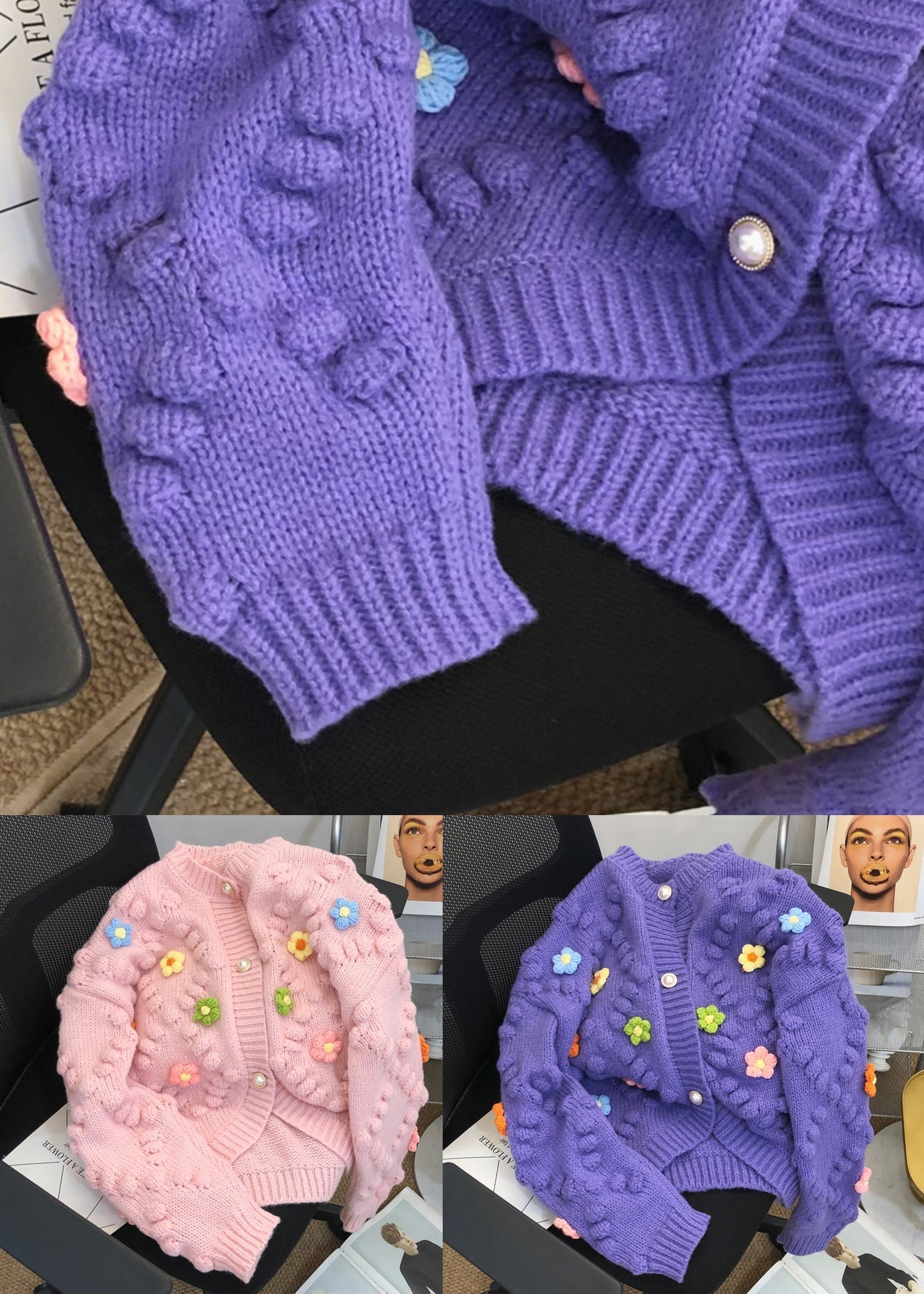 Pink Decorated Patchwork Knit Cardigans Fall