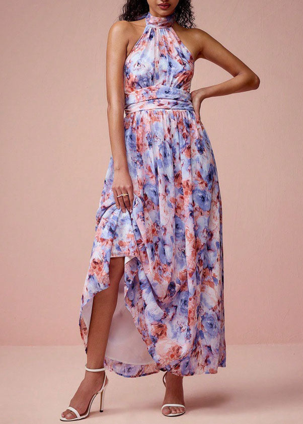 Purple Print Wrinkled Chiffon Long Dress Sleeveless