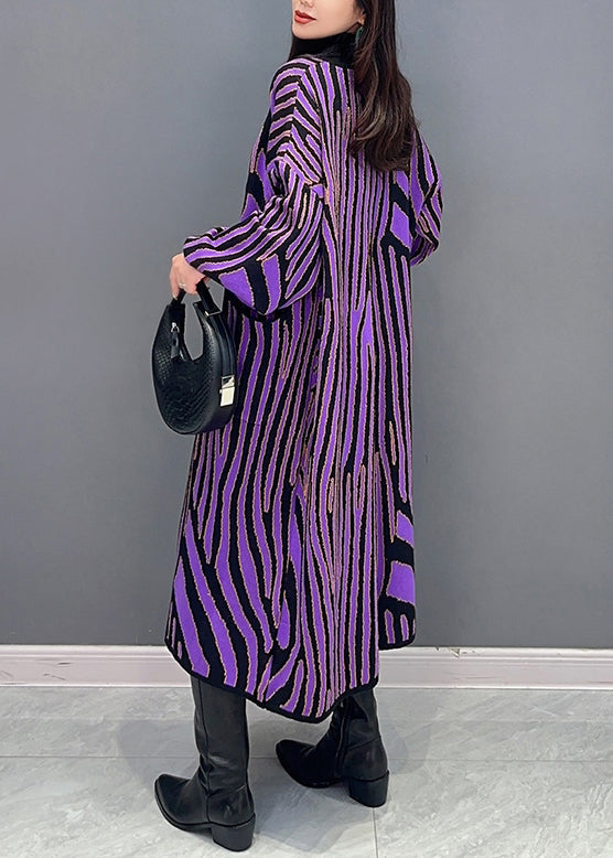 Purple Striped Pockets Patchwork Knit Long Cardigan Fall