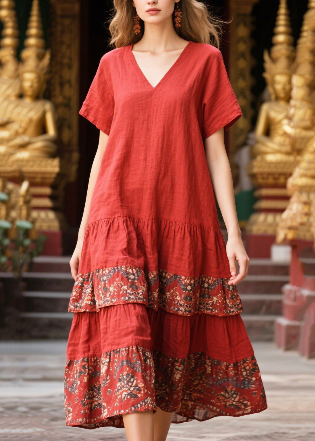 Red V Neck Patchwork Print Cotton Holiday Dress Summer