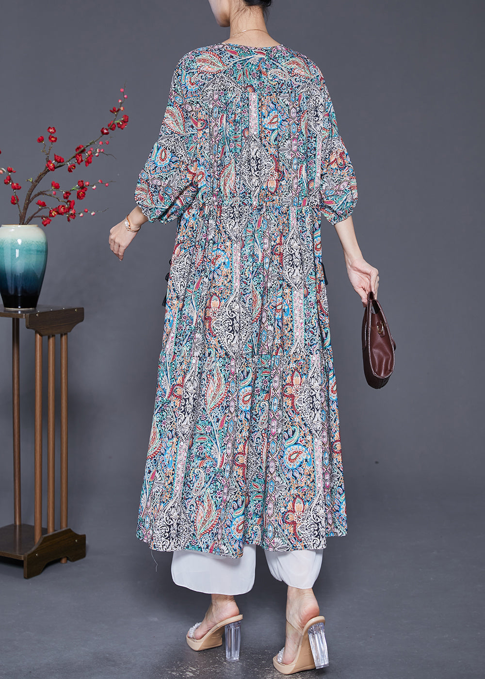 V Neck Drawstring Print Vacation Dress Lantern Sleeve