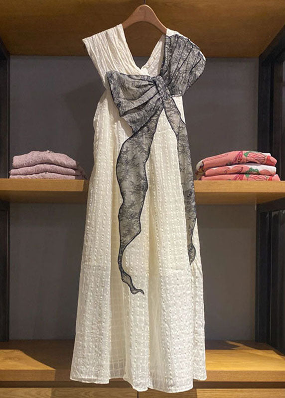 White V Neck Wrinkled Lace Patchwork Cotton Dress Sleeveless