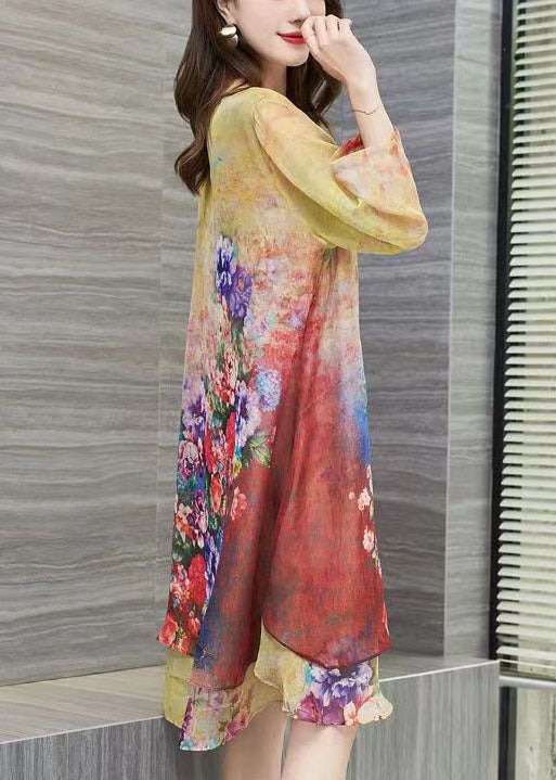 Yellow O Neck Print Patchwork Chiffon Dress Summer