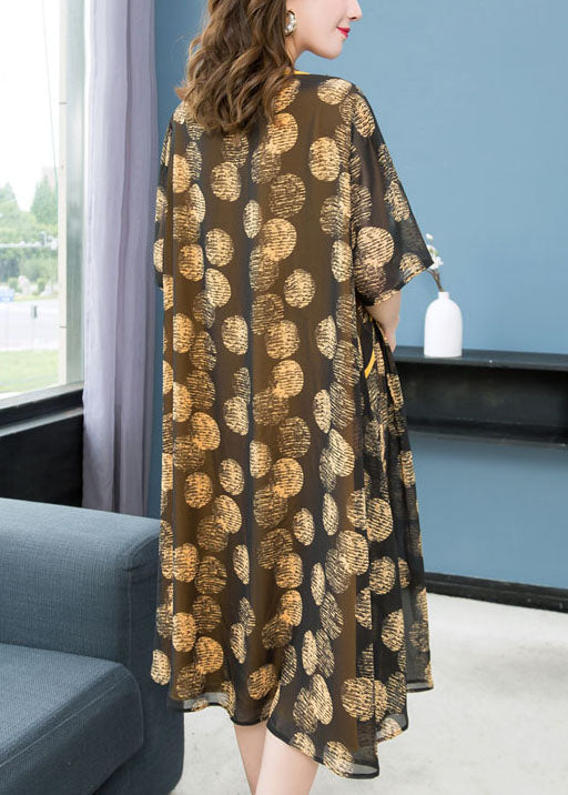 Yellow O Neck Print Wrinkled Patchwork Chiffon Dresses Summer