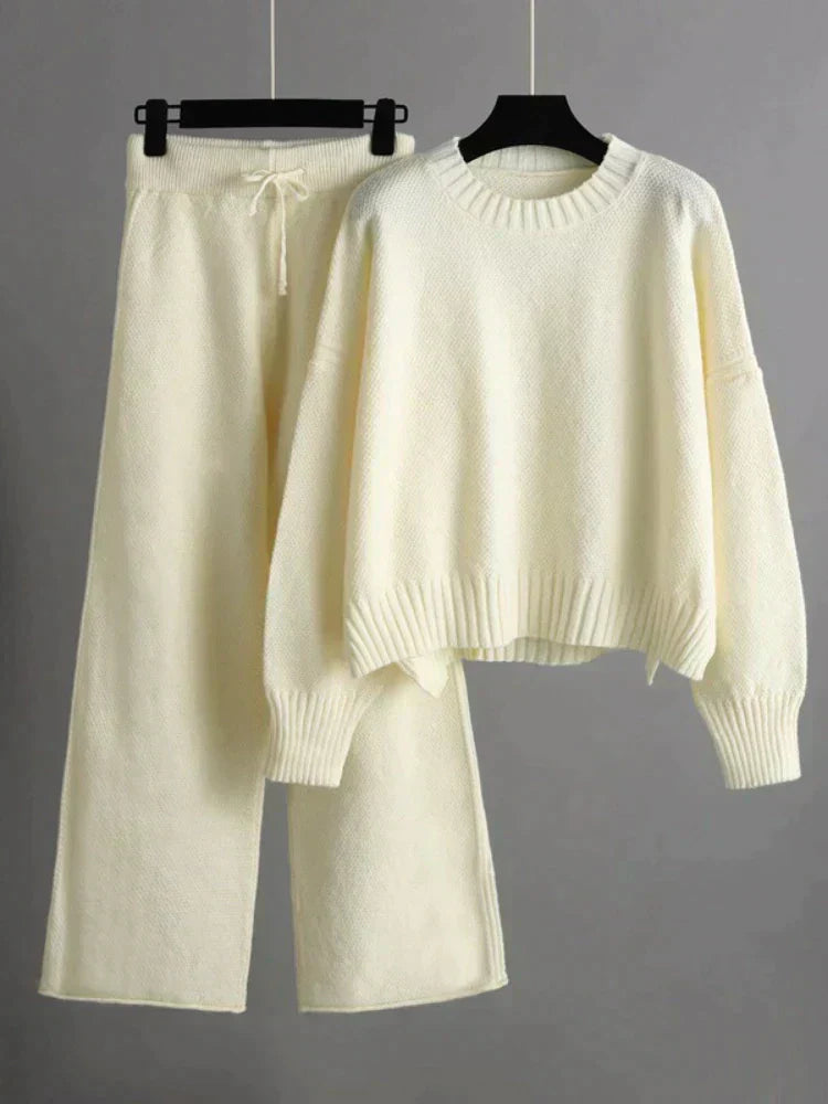 CD | Set elegant de pulover tricotat de iarnă și pantaloni largi pentru femei
