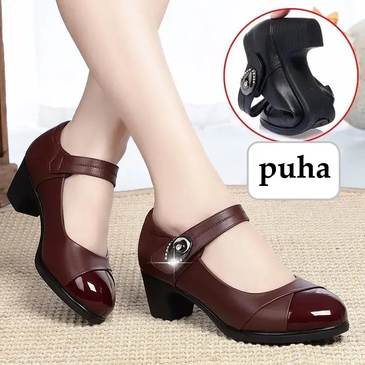 CD | Femei Moda dulce negru de înaltă calitate rotund Toe Buckle curea Office Heel