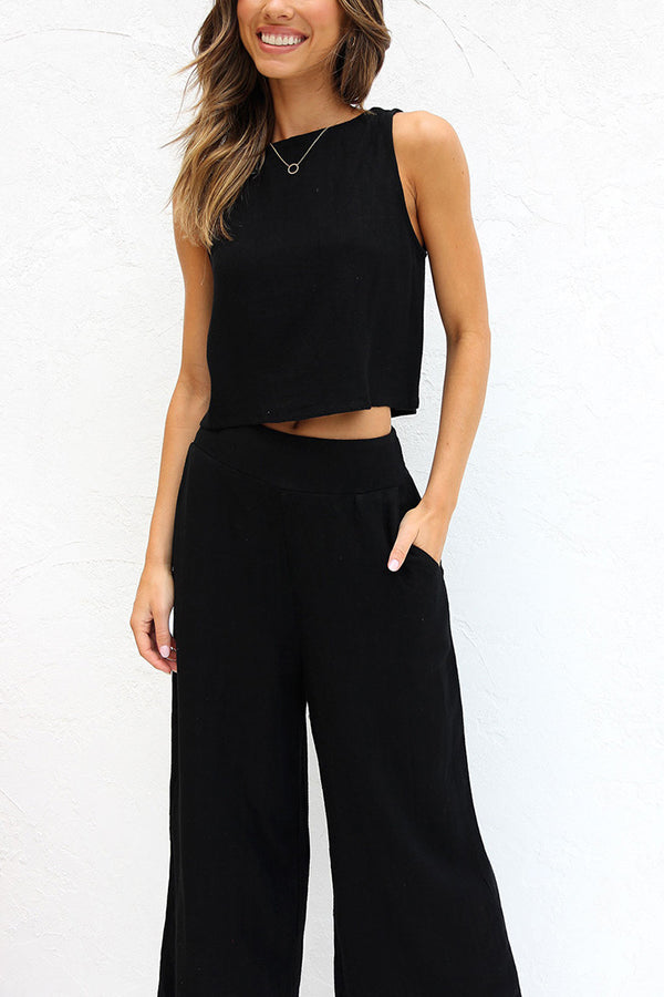 CD | Khiara Basic Button Crop Top și pantaloni cu buzunare Set
