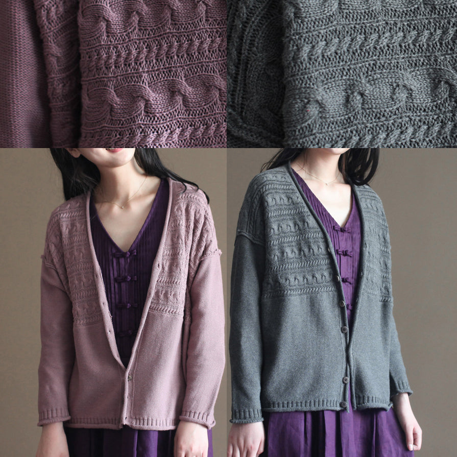 Autumn New Dark Gray V Neck Cotton Blended Knit Cardigans Chunky Cable Sweater Coat