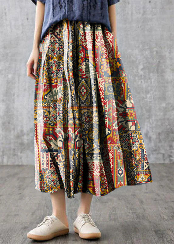 White Flowers Retro Striped a Line Summer Skirts Linen