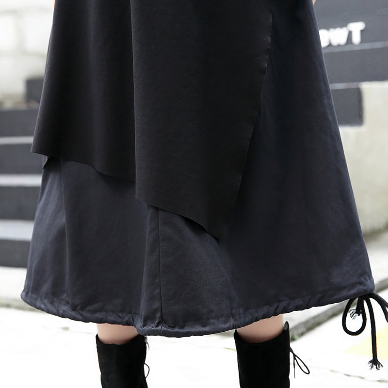 Baggy Black Midi-length Skirt Oversize Traveling Clothing Patchwork Asymmetrical Design Autumn Skirt