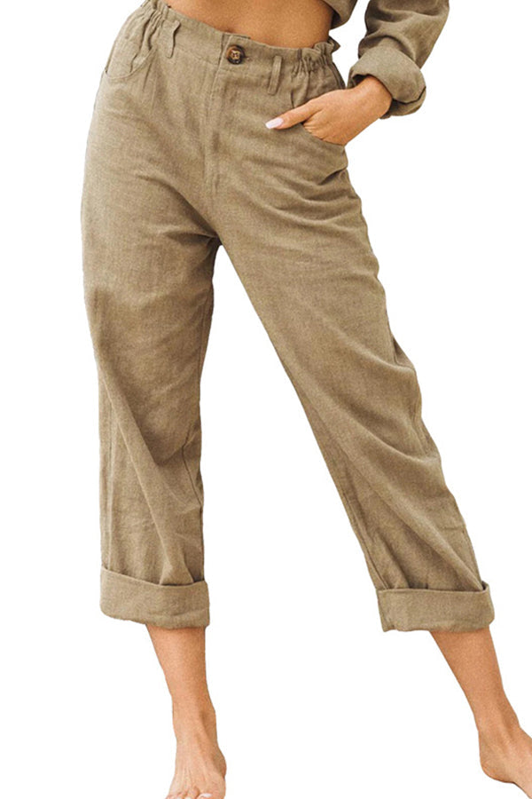 CD | Culoare solidă bumbac și lenjerie la modă vrac pantaloni casual cu talie înaltă