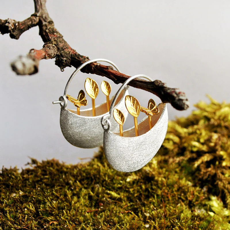 Gold Plated Floral Basket Earrings In Silver