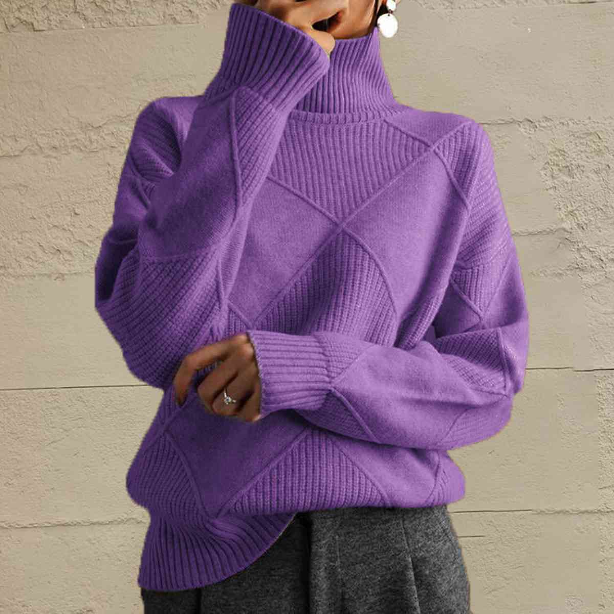 CD | Pulover chic cu guler tip broască țestoasă din tricot geometric