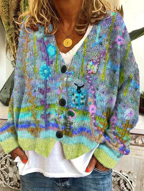 CD | Cardigan tricotat floral cu butonieră