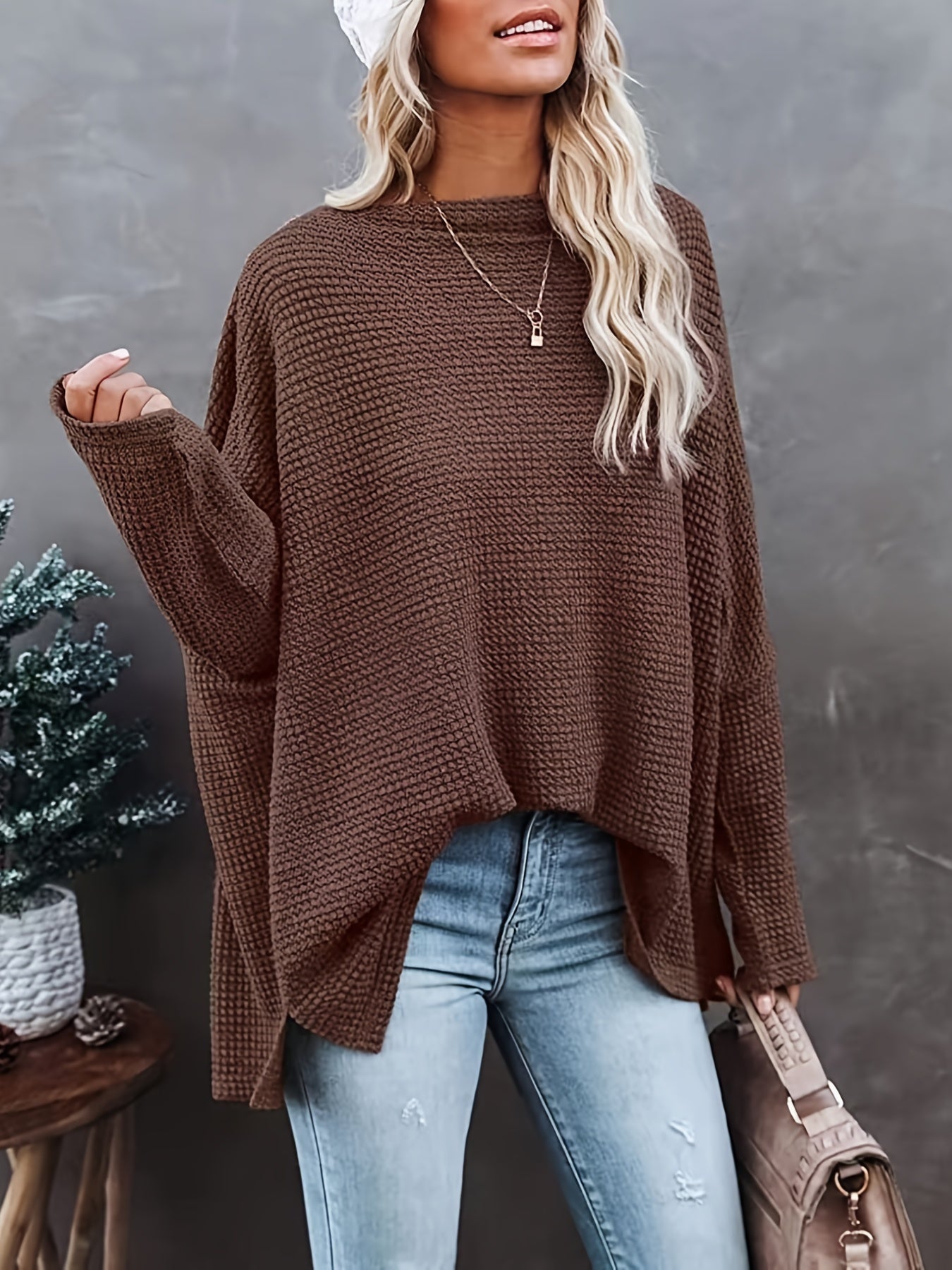 CD | Pulover casual tricotat cu mâneci lungi, oversized