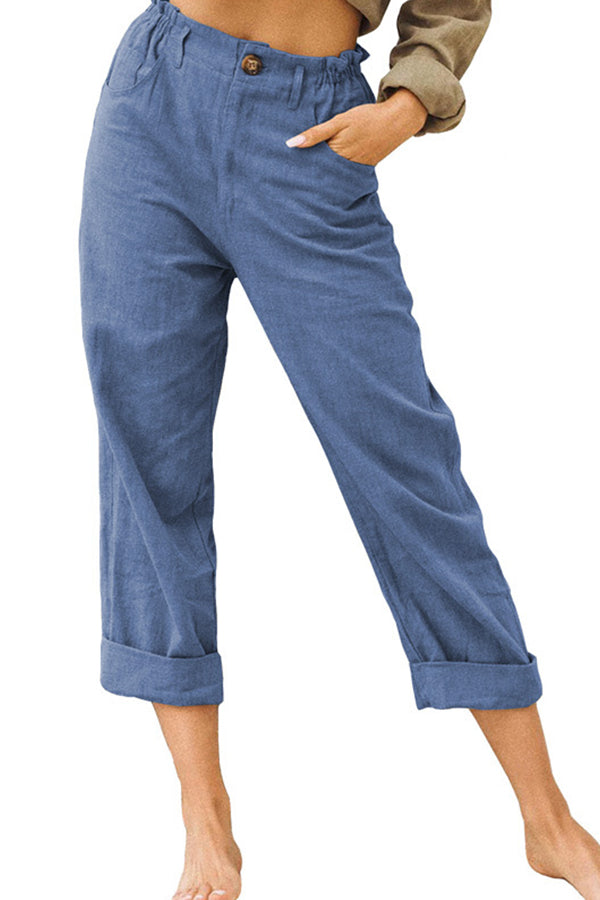 CD | Culoare solidă bumbac și lenjerie la modă vrac pantaloni casual cu talie înaltă